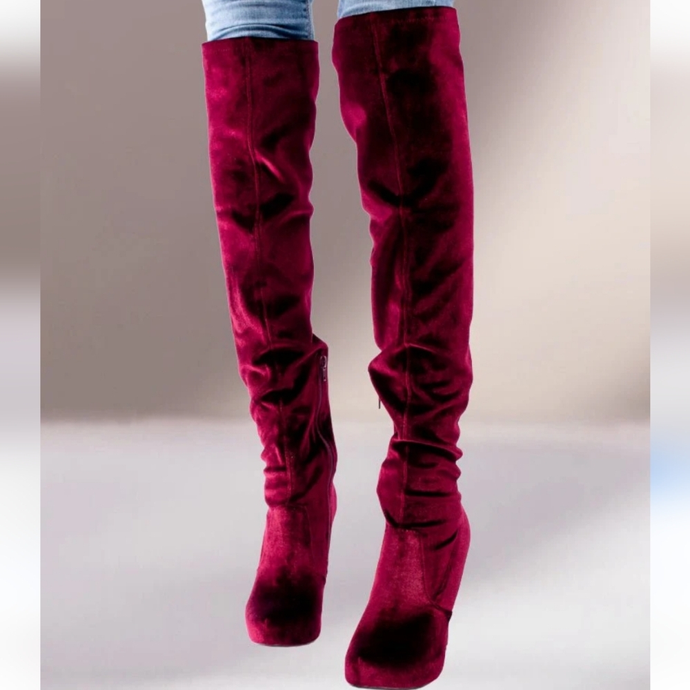 Justfab Yeal‎ Burgundy Velvet Over-the-Knee heeled boots brand new size 9.5